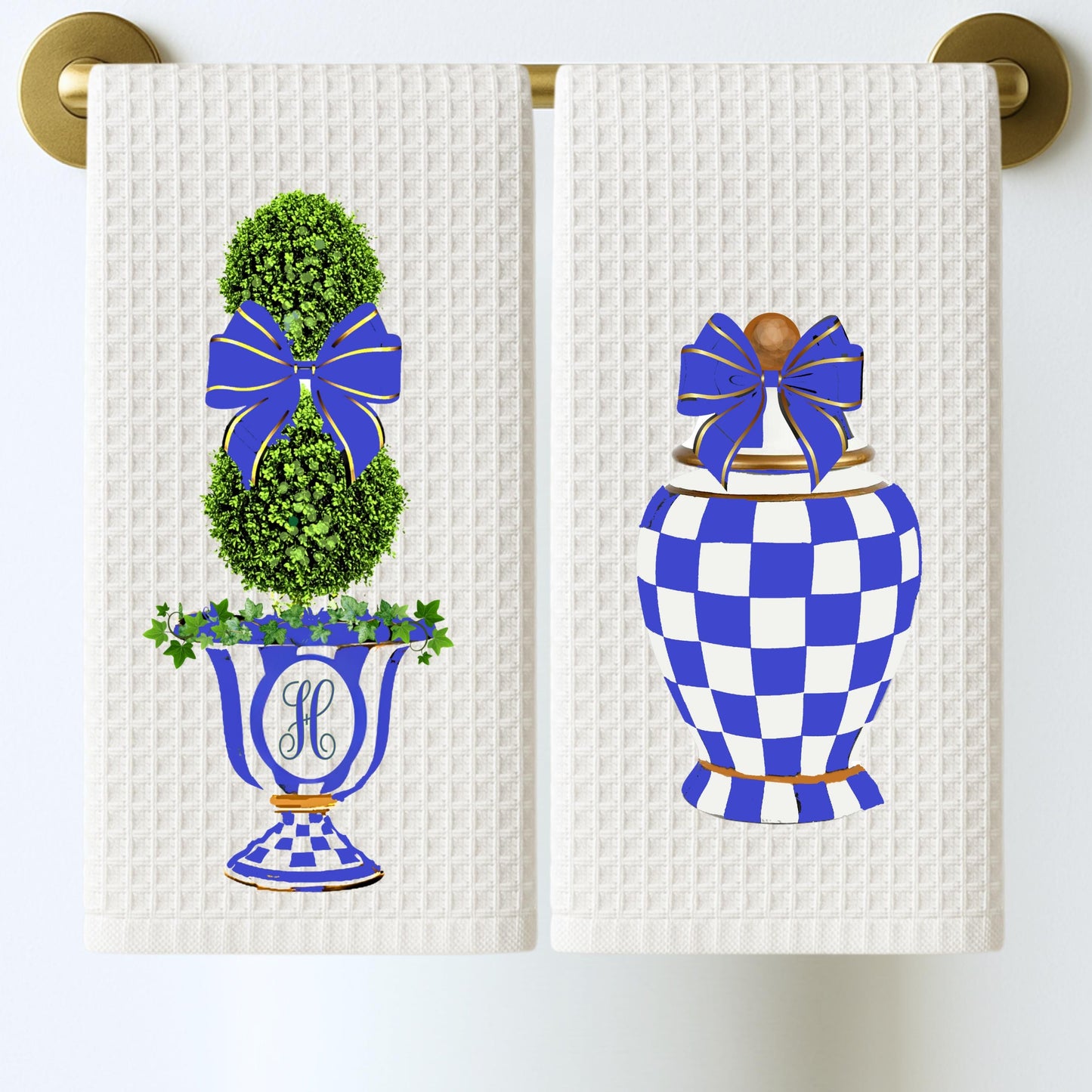Personalized MacKenzie Childs Royal Check Tea Towel | Custom Kitchen Gift, Decor for her, Hostess, Fall Birthday, Unique Gift, Royal Blue
