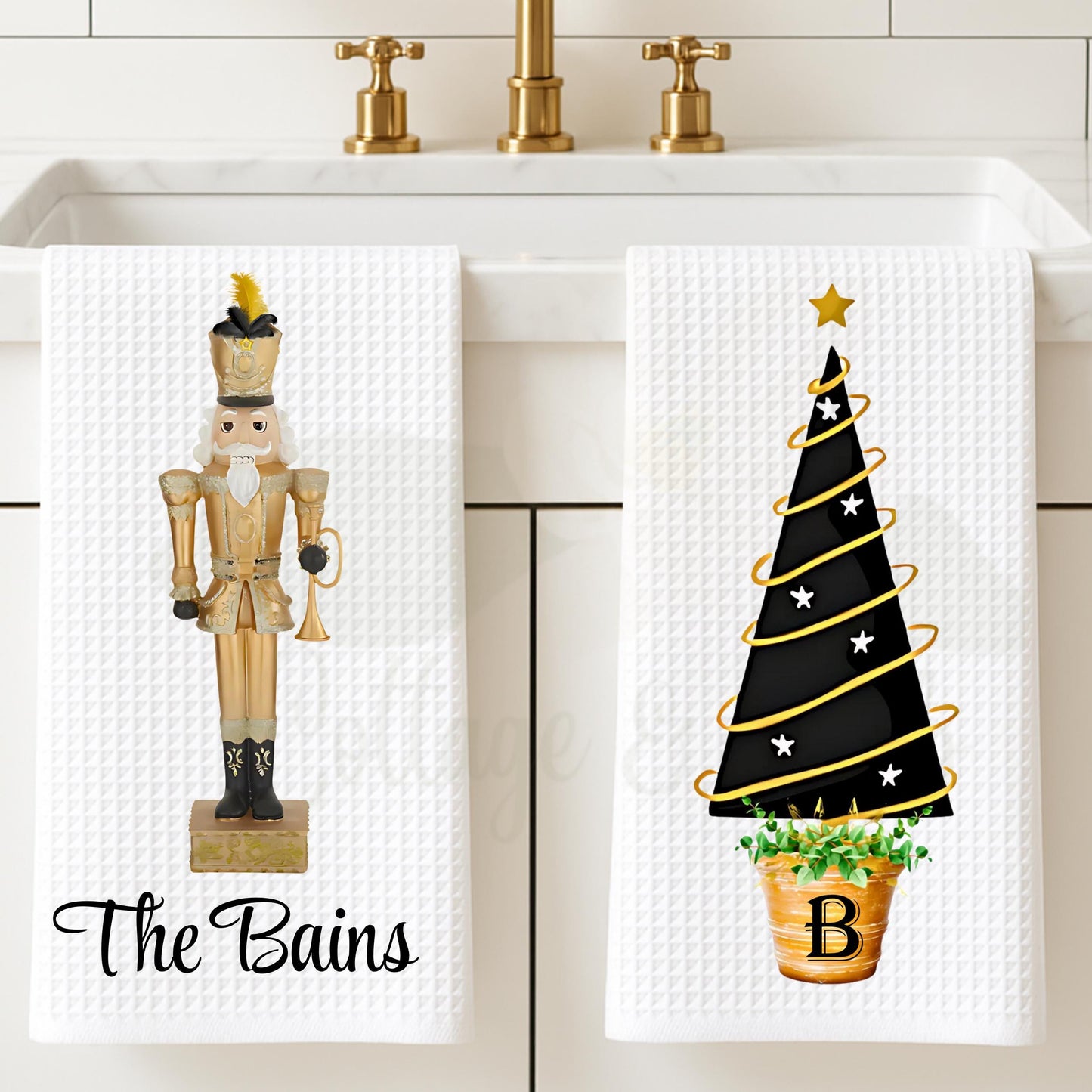 Personalized Christmas Nutcracker Tea Towel | Custom Kitchen Decor Gift for Her, Mom, Festive Holiday, Black & White Decor, Hostess Gift