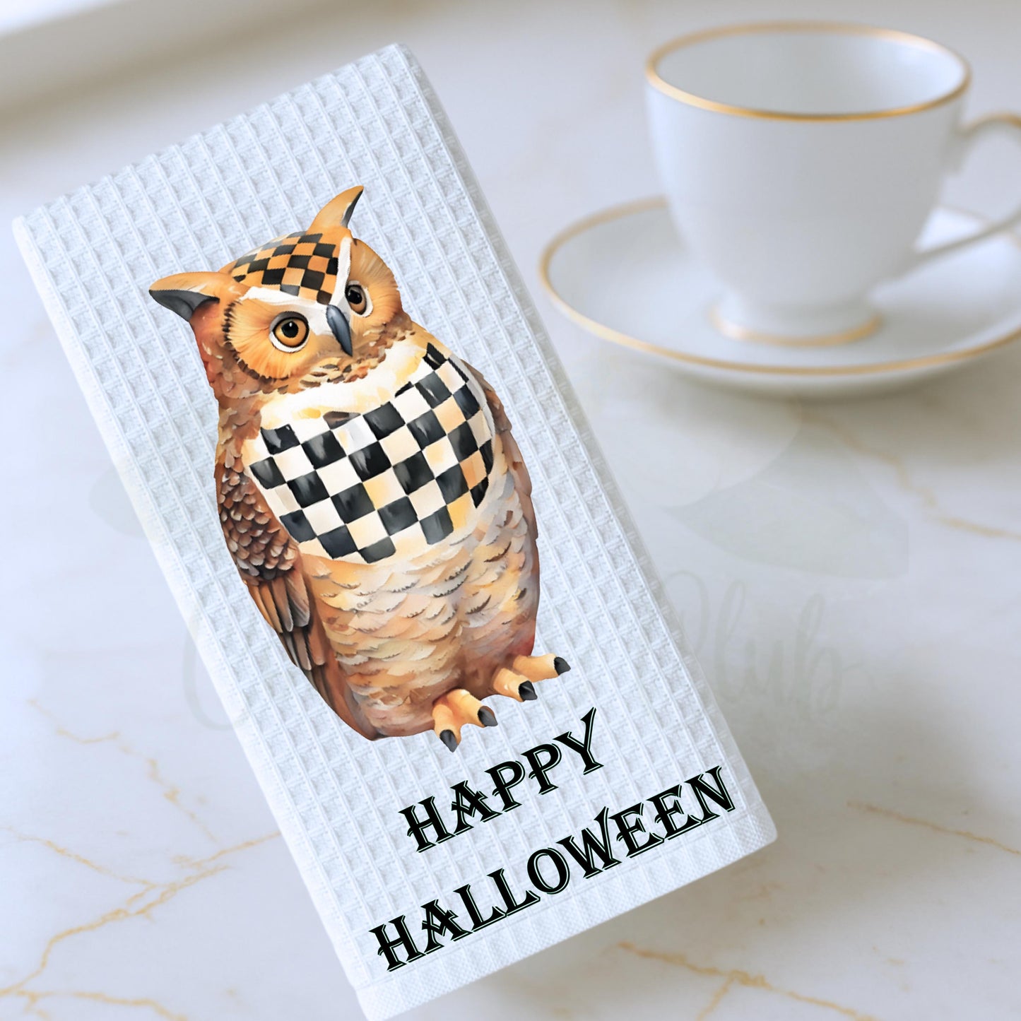 MacKenzie Childs Courtly Check Owl Tea Towel | Custom Kitchen Gift, Decor for her, Hostess, Fall Halloween, Birthday, Unique Gift