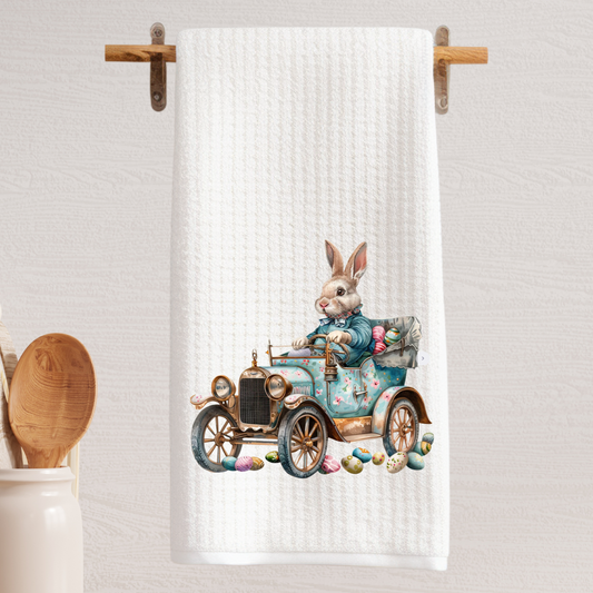 Easter Bunny Vintage Car Waffle Weave Tea Towel