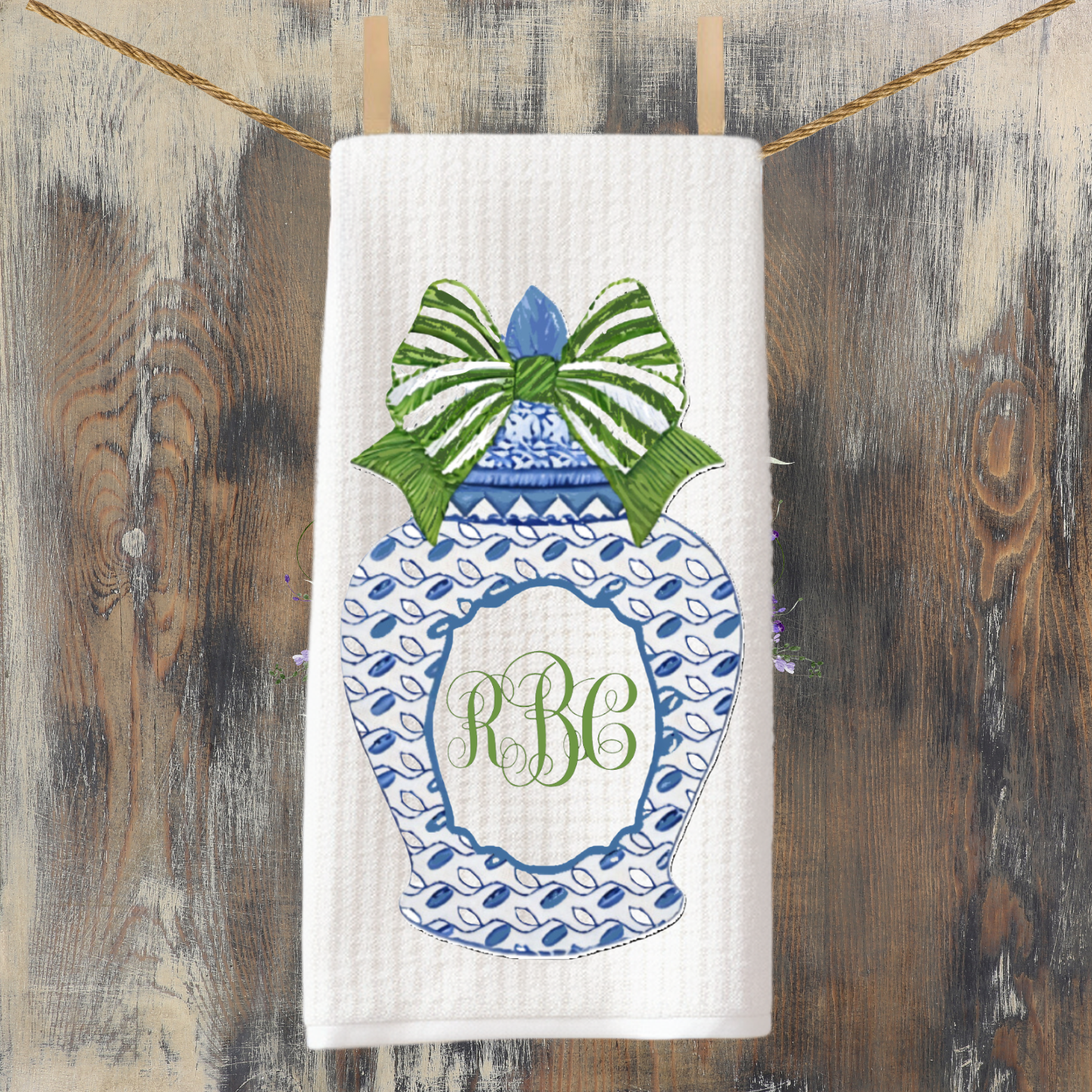 Blue Ginger Jar  Monogram Tea Towel