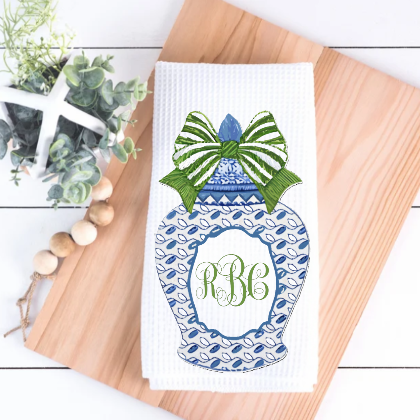 Blue Ginger Jar  Monogram Tea Towel