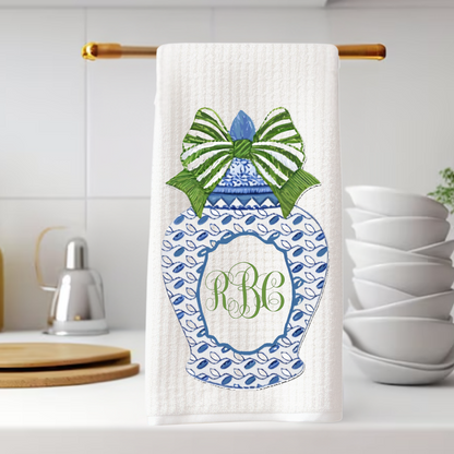 Blue Ginger Jar  Monogram Tea Towel