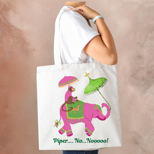 Piper No Nooo Tote Bag | Funny Southern White Lotus Quote Bag | Personalized Pink Elephant Canvas Market Bag Gift