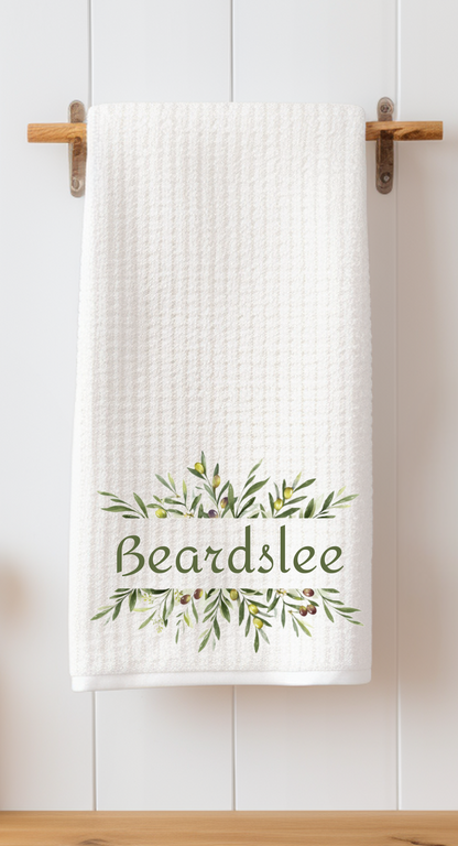 Personalized Olive Branch Tea Towels - Set of Two with Family Name and Monogram