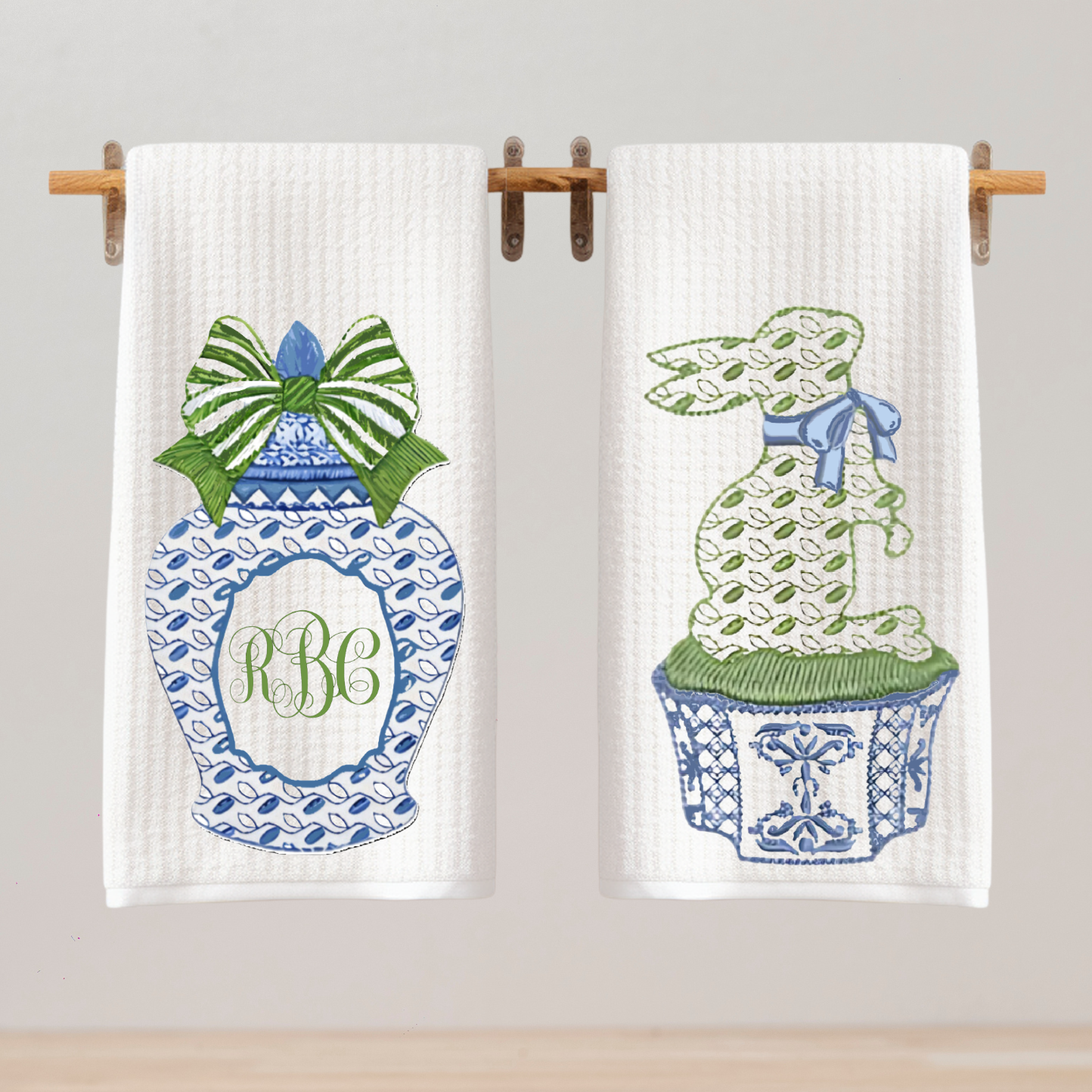 Blue Bunny & Ginger Jar Monogram Tea Towel Set