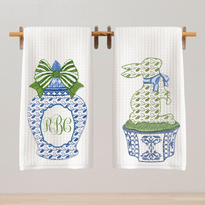 Blue Bunny & Ginger Jar Monogram Tea Towel Set