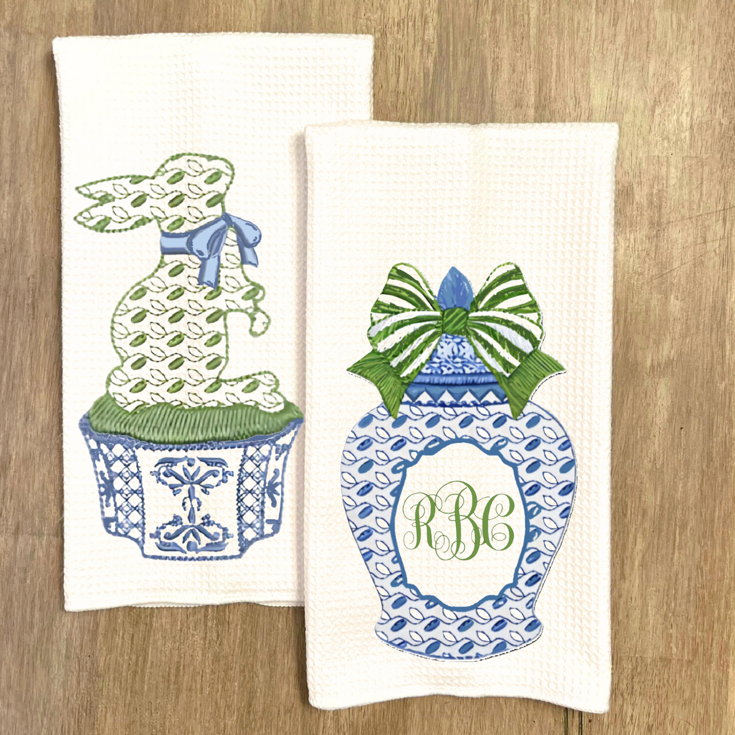 Blue Bunny & Ginger Jar Monogram Tea Towel Set