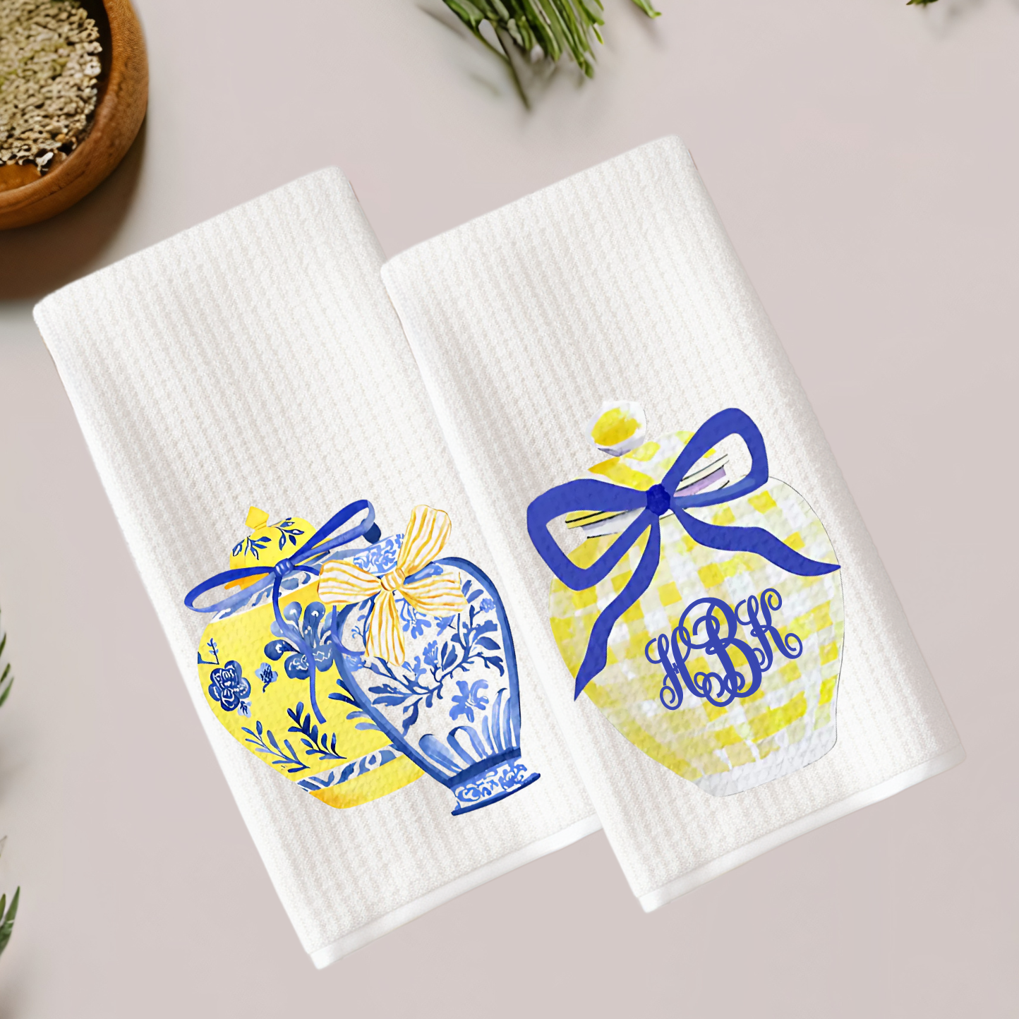 Blue & Yellow Ginger Jar Monogram Set Tea Towel Set