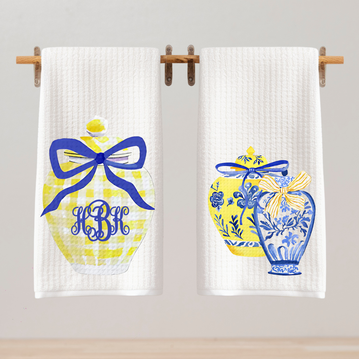 Blue & Yellow Ginger Jar Monogram Set Tea Towel Set