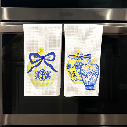 Blue & Yellow Ginger Jar Monogram Set Tea Towel Set