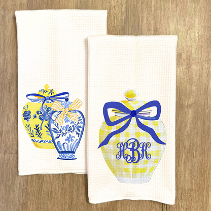 Blue & Yellow Ginger Jar Monogram Set Tea Towel Set