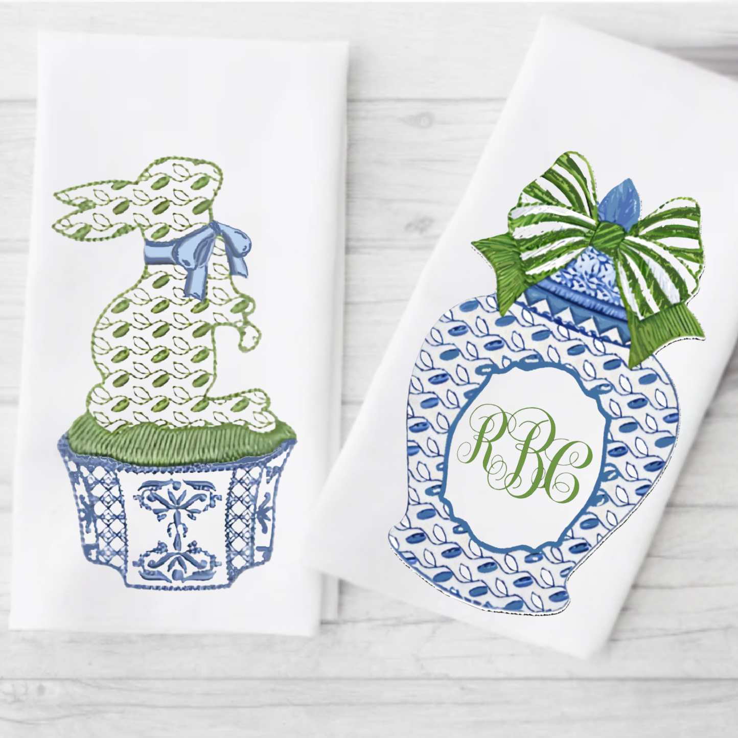 Blue Bunny & Ginger Jar Monogram Tea Towel Set