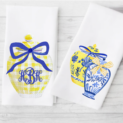 Blue & Yellow Ginger Jar Monogram Set Tea Towel Set