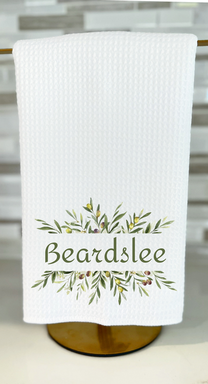 Personalized Olive Branch Tea Towels - Set of Two with Family Name and Monogram