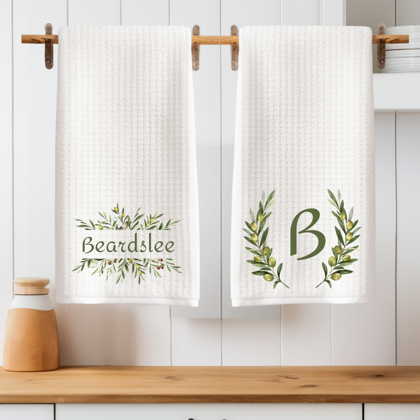 Personalized Olive Branch Tea Towels - Set of Two with Family Name and Monogram