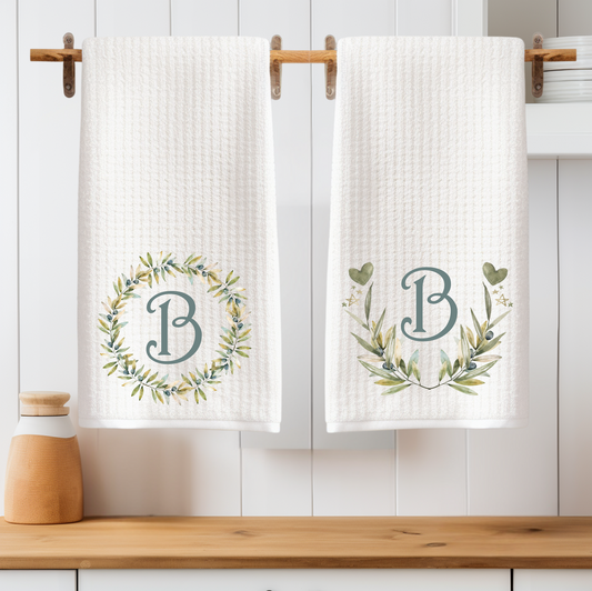 Personalized Monogram Wreath Tea Towels - Set of Two