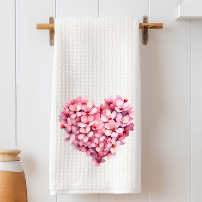 Cherry Blossom Heart Waffle Weave Tea Towel