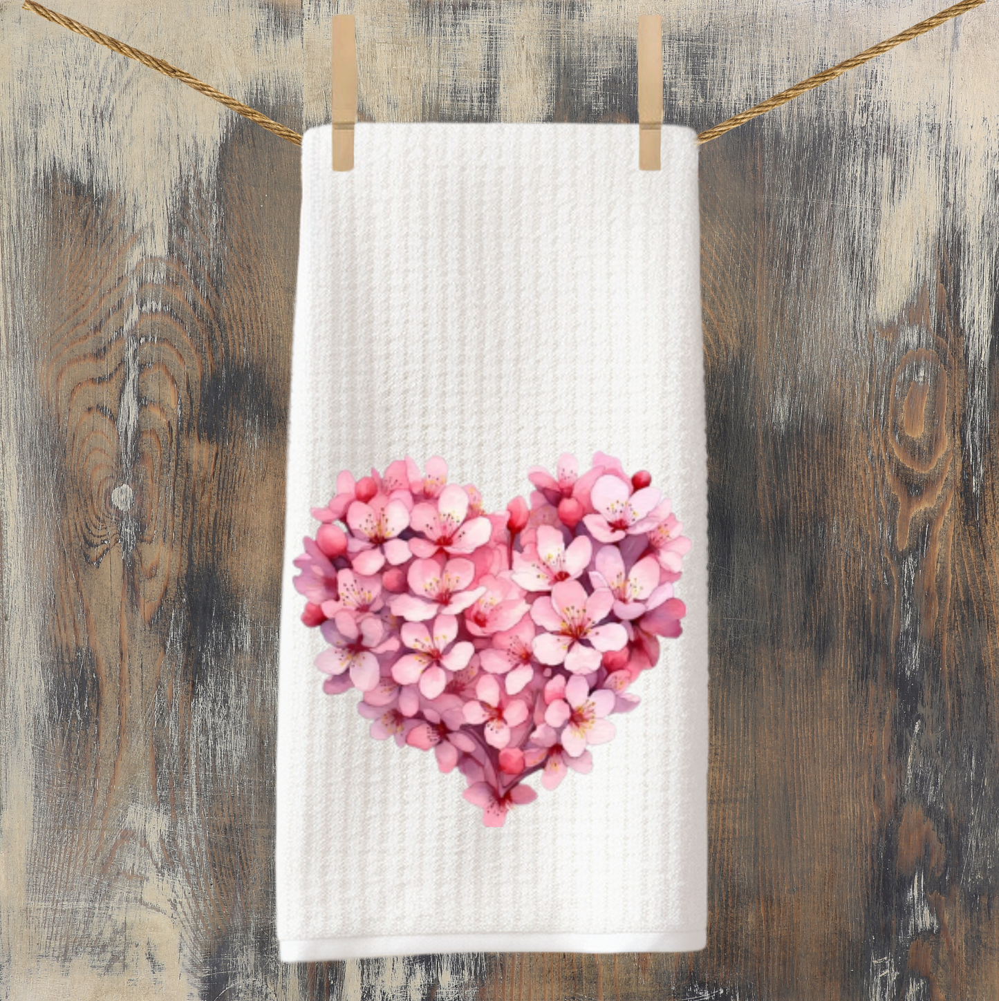 Cherry Blossom Heart Waffle Weave Tea Towel