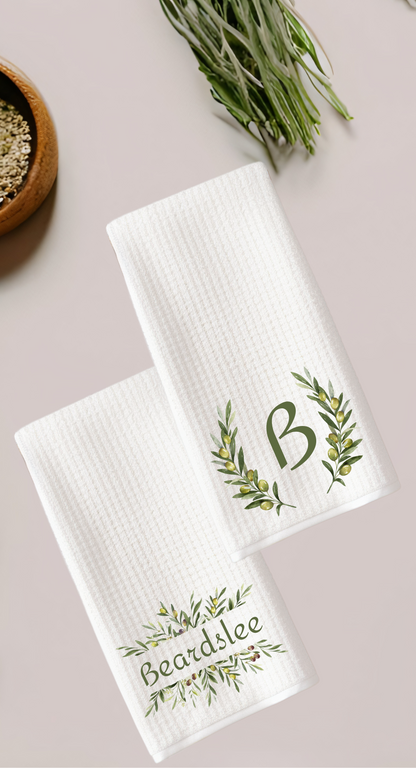 Personalized Olive Branch Tea Towels - Set of Two with Family Name and Monogram