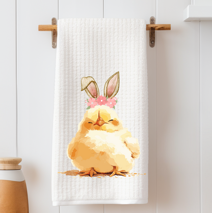 Easter Chick Bunny Ears Waffle Weave Tea Towel