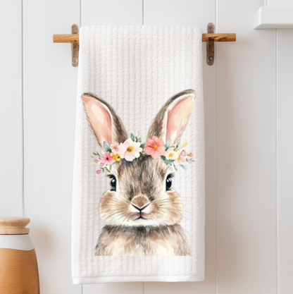 Floral Crown Bunny Waffle Weave Tea Towel