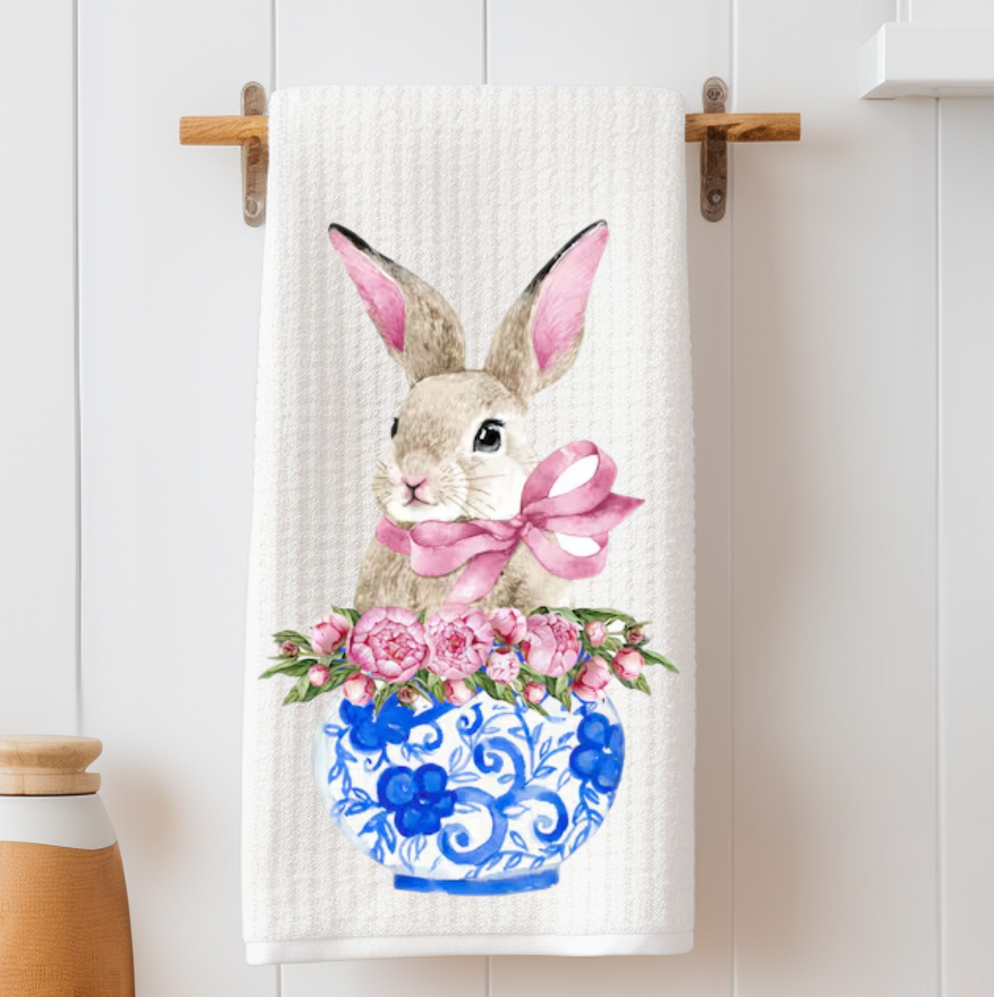 Bunny in Floral Vase Waffle Weave Tea Towel