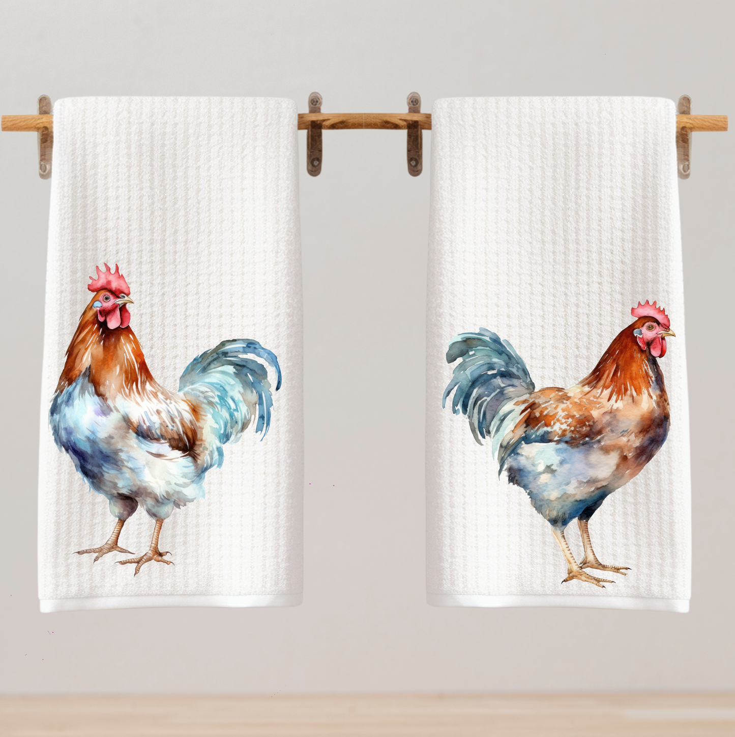 Watercolor Rooster Tea Towels - Set of Two Farmhouse Kitchen Decor Waffle Weave Tea Towels