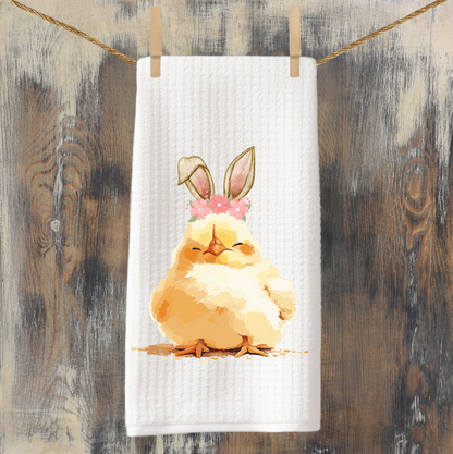 Easter Chick Bunny Ears Waffle Weave Tea Towel