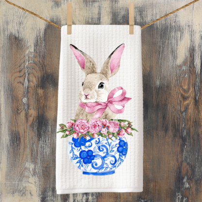 Bunny in Floral Vase Waffle Weave Tea Towel