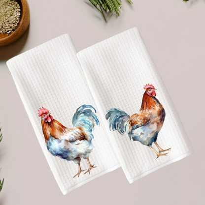 Watercolor Rooster Tea Towels - Set of Two Farmhouse Kitchen Decor Waffle Weave Tea Towels