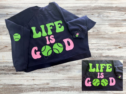 Life is Good Tennis Sweatshirt Retro Tennis Crewneck Monogram Customizable Tennis Gift Preppy Court Style Navy Sweatshirt Tennis Lover