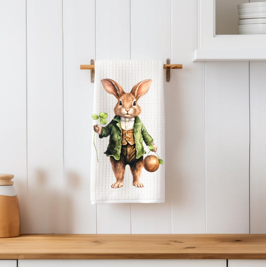 St. Patricks Day Ostern Tee Küche Schale Waffel Weben Handtuch Gastgeberin Homewarming Geburtstagsgeschenk Vintage Aquarell Hase Kaninchen Kleeblatt irischen