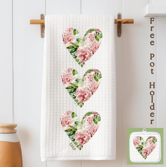 Shabby Cottage Rose Heart Tea Towel