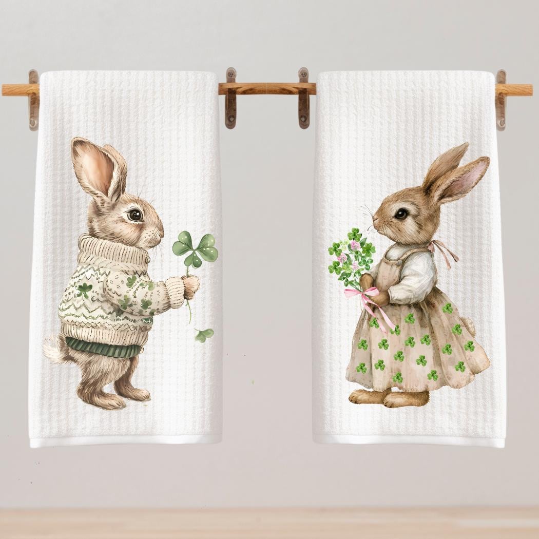 St Patricks Day Bunny Couple Tea Towel