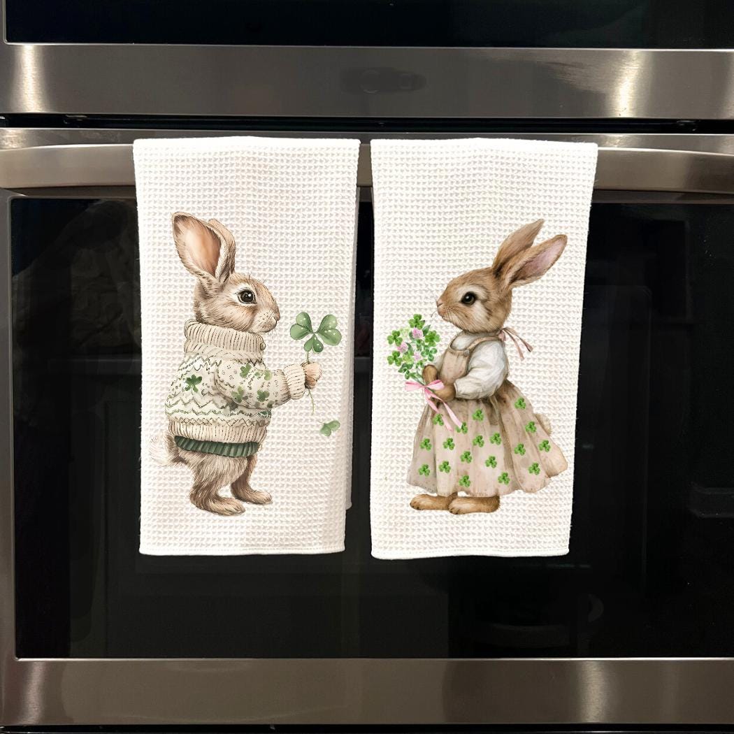 St Patricks Day Bunny Couple Tea Towel