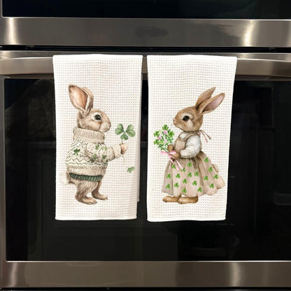 St Patricks Day Bunny Couple Tea Towel