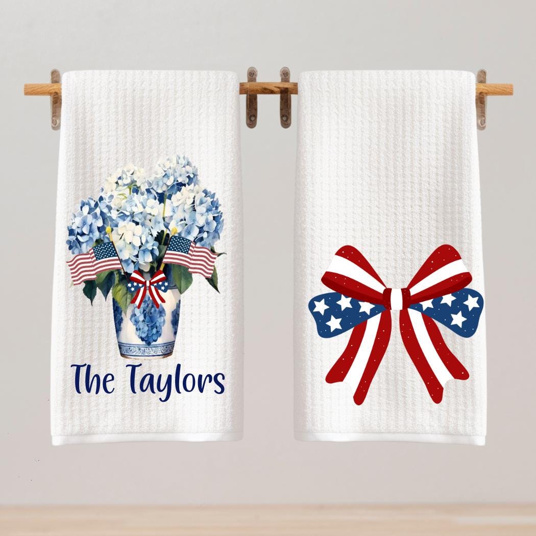 Preppy Patriotic Tea Towel Set | Red, White & Blue American Decor | 4th of July Decorations  Chinoiserie Blue Custom Name Kitchen Decor Gift