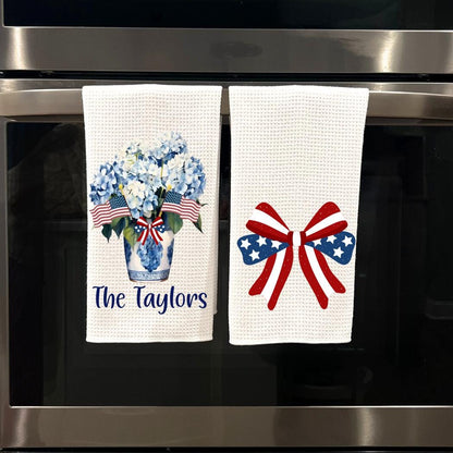 Preppy Patriotic Tea Towel Set | Red, White & Blue American Decor | 4th of July Decorations  Chinoiserie Blue Custom Name Kitchen Decor Gift