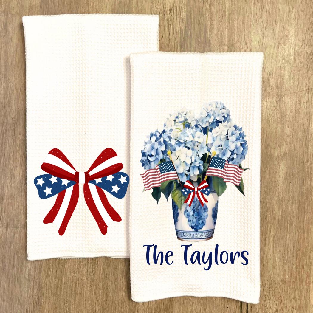 Preppy Patriotic Tea Towel Set | Red, White & Blue American Decor | 4th of July Decorations  Chinoiserie Blue Custom Name Kitchen Decor Gift