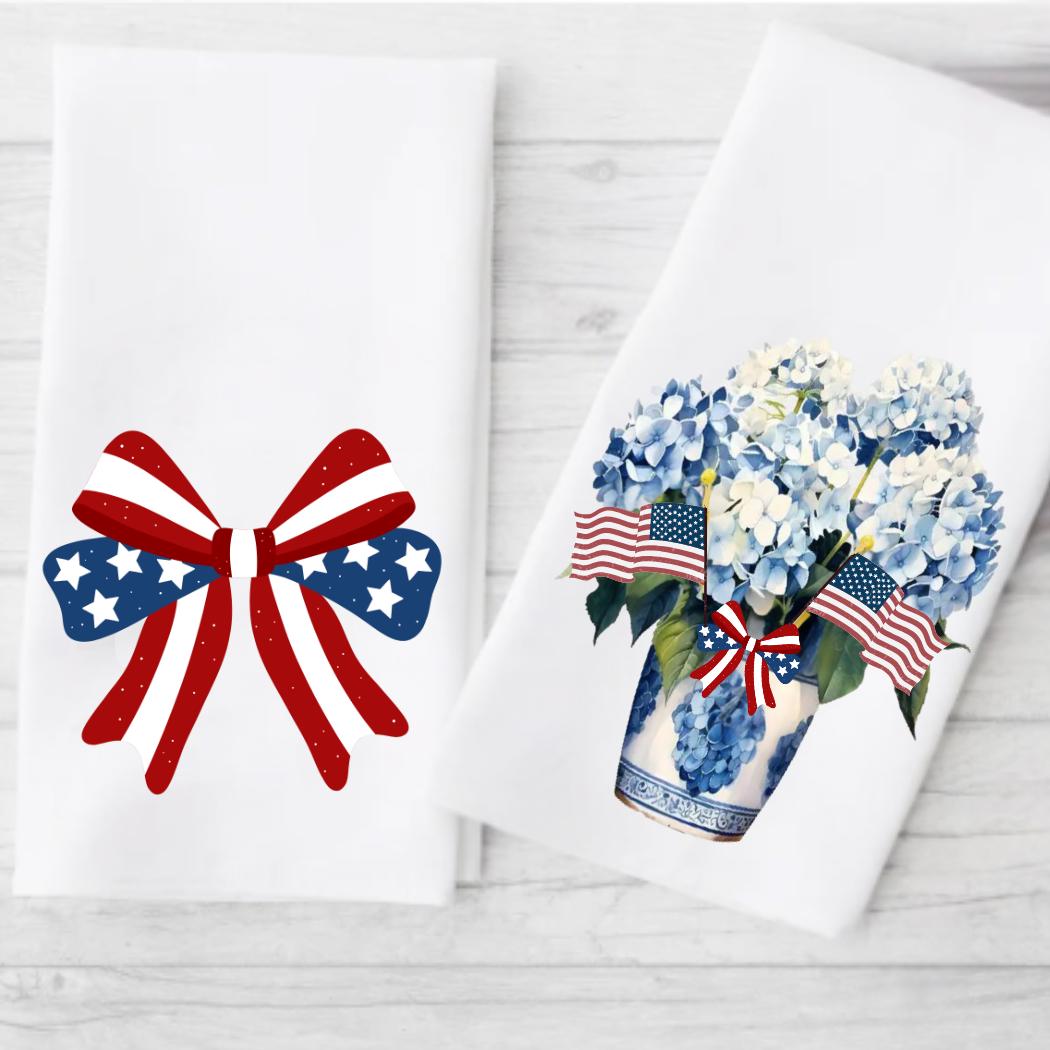 Preppy Patriotic Tea Towel Set | Red, White & Blue American Decor | 4th of July Decorations  Chinoiserie Blue Independence Day Kitchen Decor