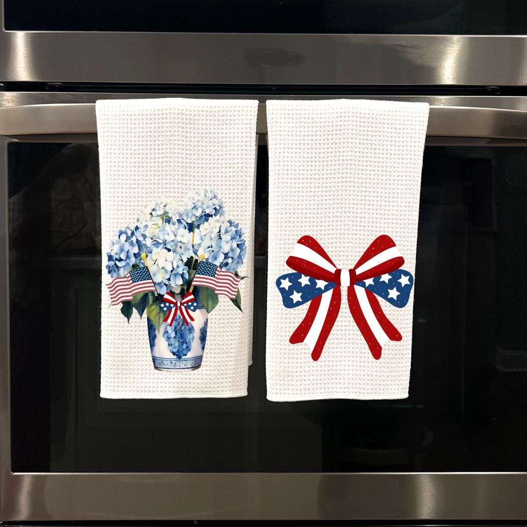 Preppy Patriotic Tea Towel Set | Red, White & Blue American Decor | 4th of July Decorations  Chinoiserie Blue Independence Day Kitchen Decor