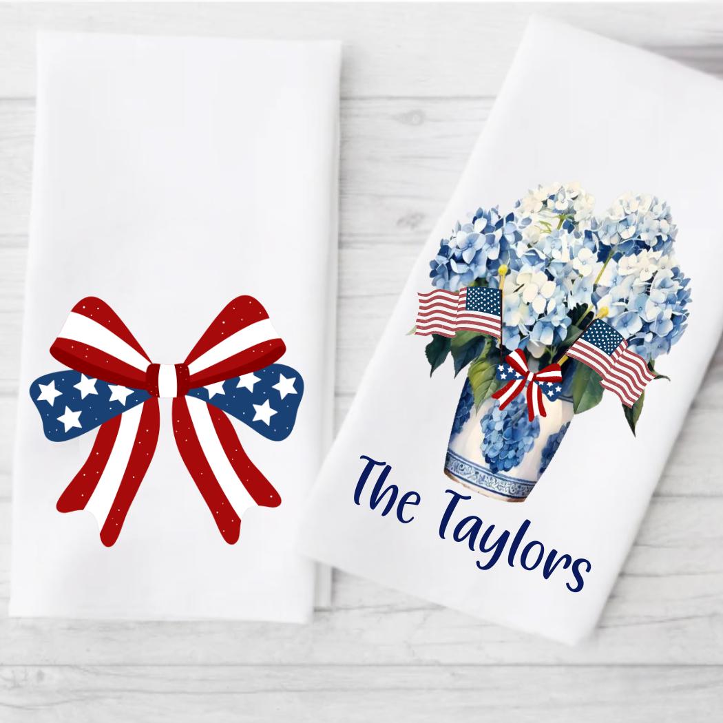 Preppy Patriotic Tea Towel Set | Red, White & Blue American Decor | 4th of July Decorations  Bow Red, White and Blue Independence Day Decor