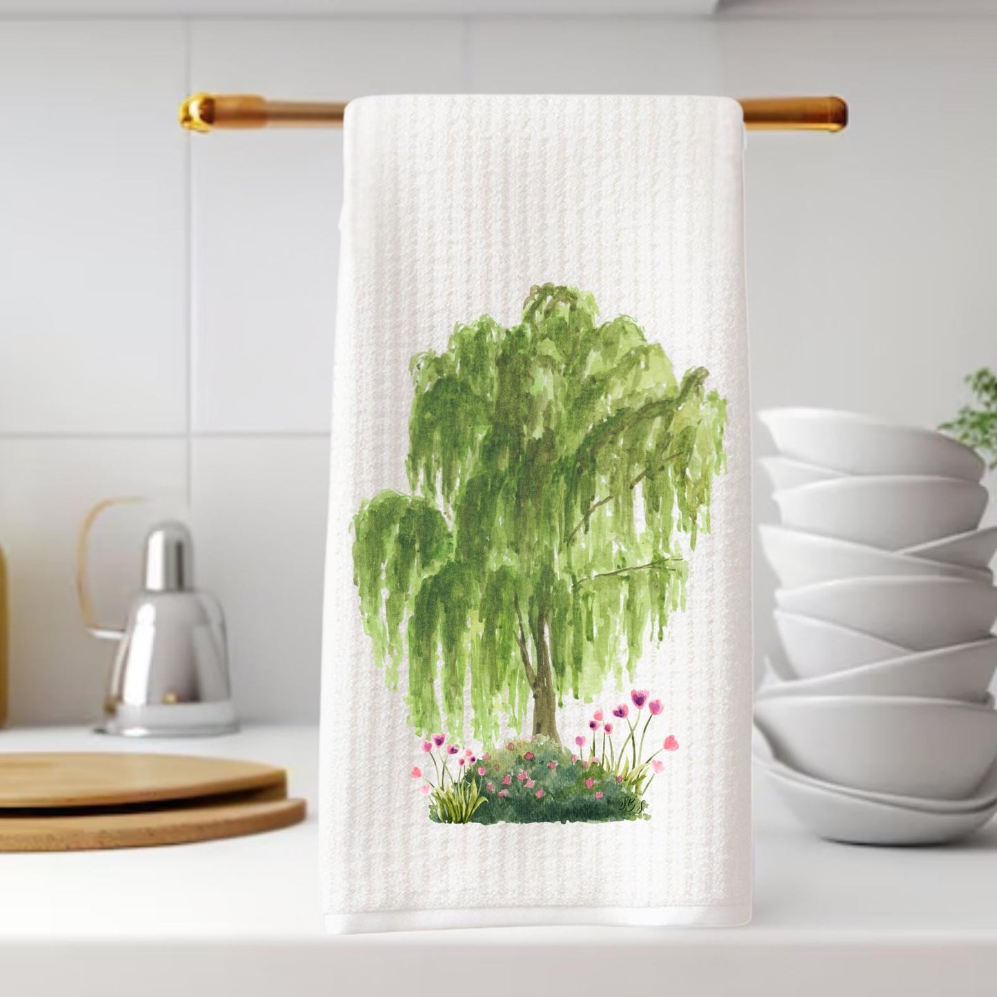 Original Signed Design | Weeping Willow Tree Tea Towel | Southern Landscape & Gardening | Floral Kitchen | Preppy | Old School | Watercolor