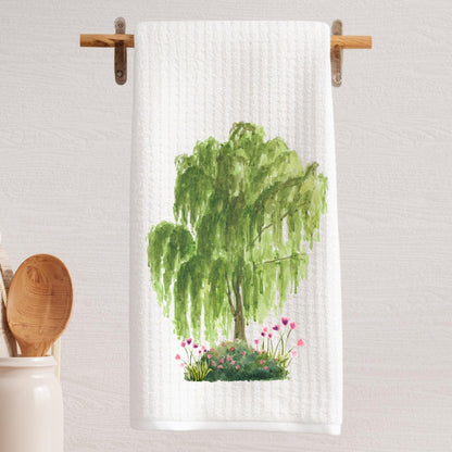 Original Signed Design | Weeping Willow Tree Tea Towel | Southern Landscape & Gardening | Floral Kitchen | Preppy | Old School | Watercolor