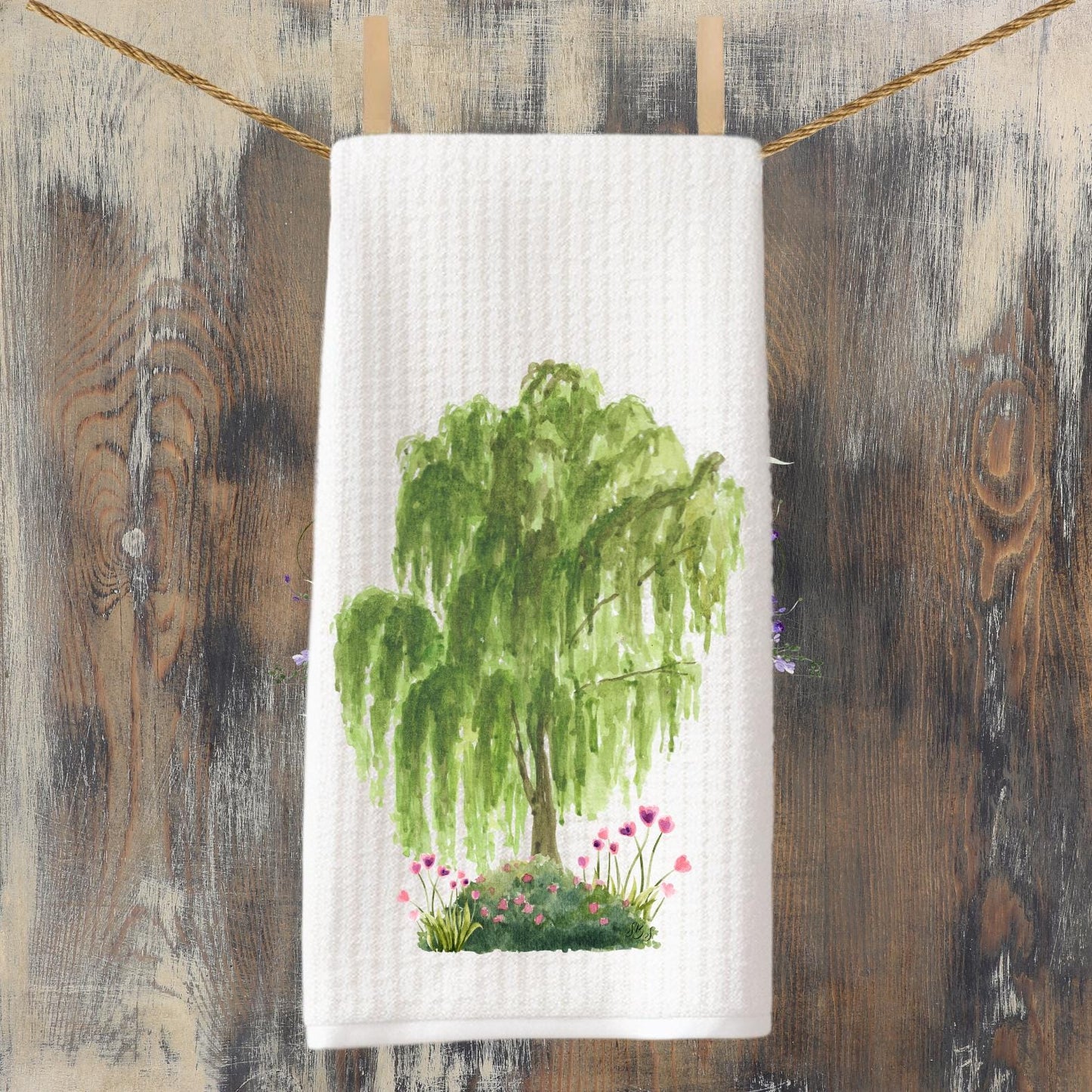 Original Signed Design | Weeping Willow Tree Tea Towel | Southern Landscape & Gardening | Floral Kitchen | Preppy | Old School | Watercolor