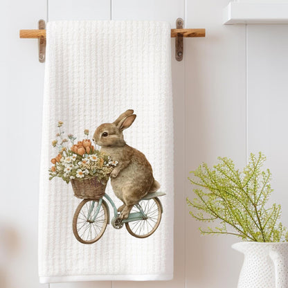 Bunny on a Bike Tea Towel Clover Decorative Bunny Rabbit Waffle Weave Towel Decoration Gift  Decorative Hostess Gift Kitchen