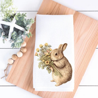 Bunny With A Bouquet Tea Towel Clover Decorative Bunny Rabbit Waffle Weave Towel Decoration Gift  Decorative Hostess Gift Kitchen