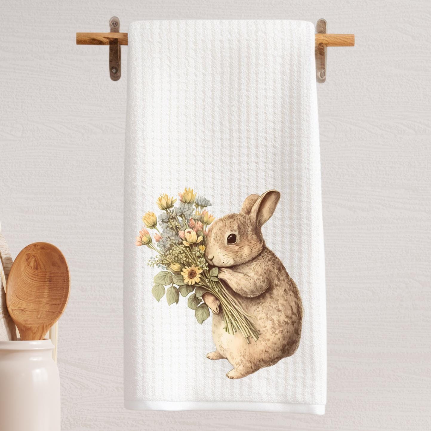 Bunny With A Bouquet Tea Towel Clover Decorative Bunny Rabbit Waffle Weave Towel Decoration Gift  Decorative Hostess Gift Kitchen