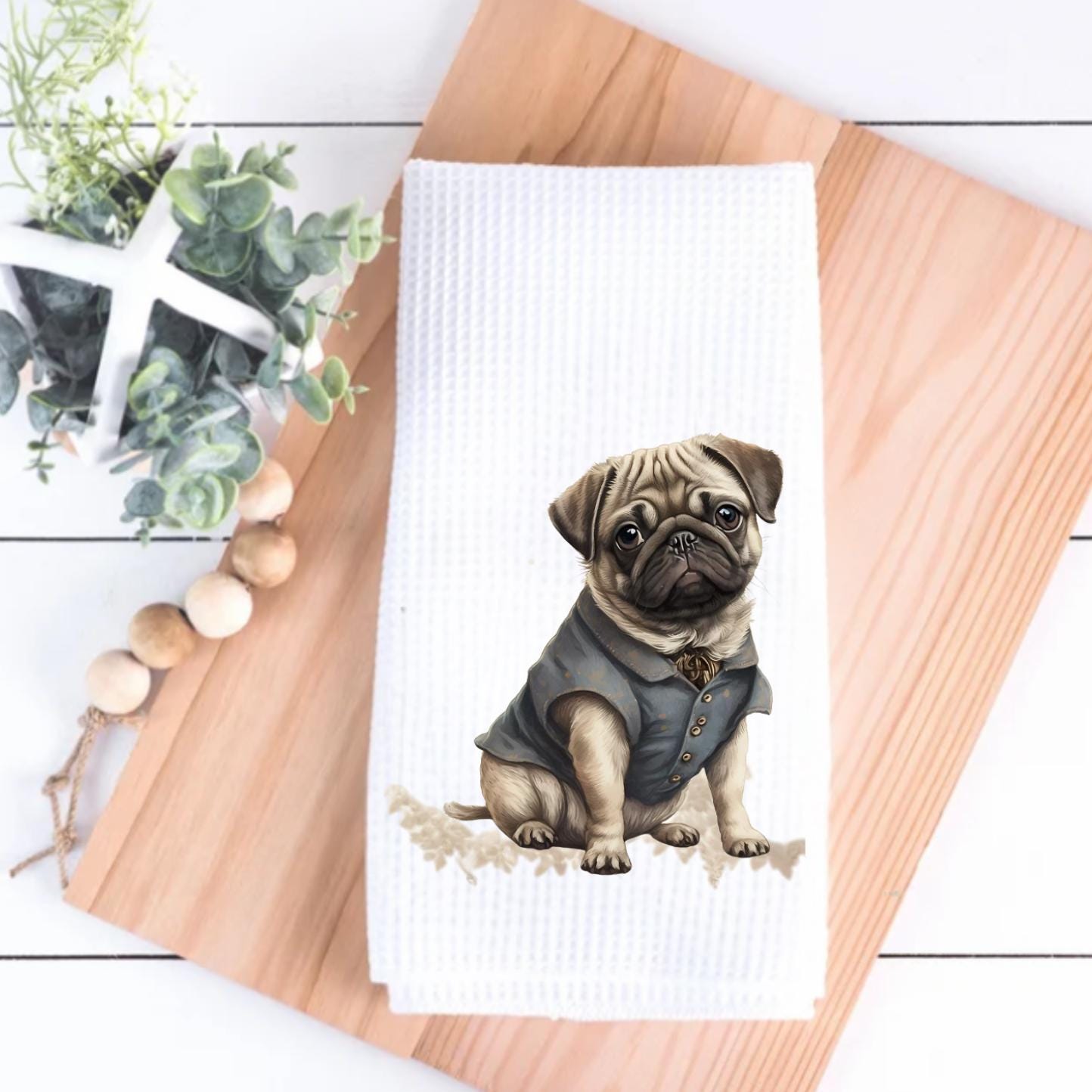 Dapper Pug Dog Tea Towel  Tea Towel | Decorative Dog Decor | Pug Dog | Pug Puppy | Dog Lover Gift